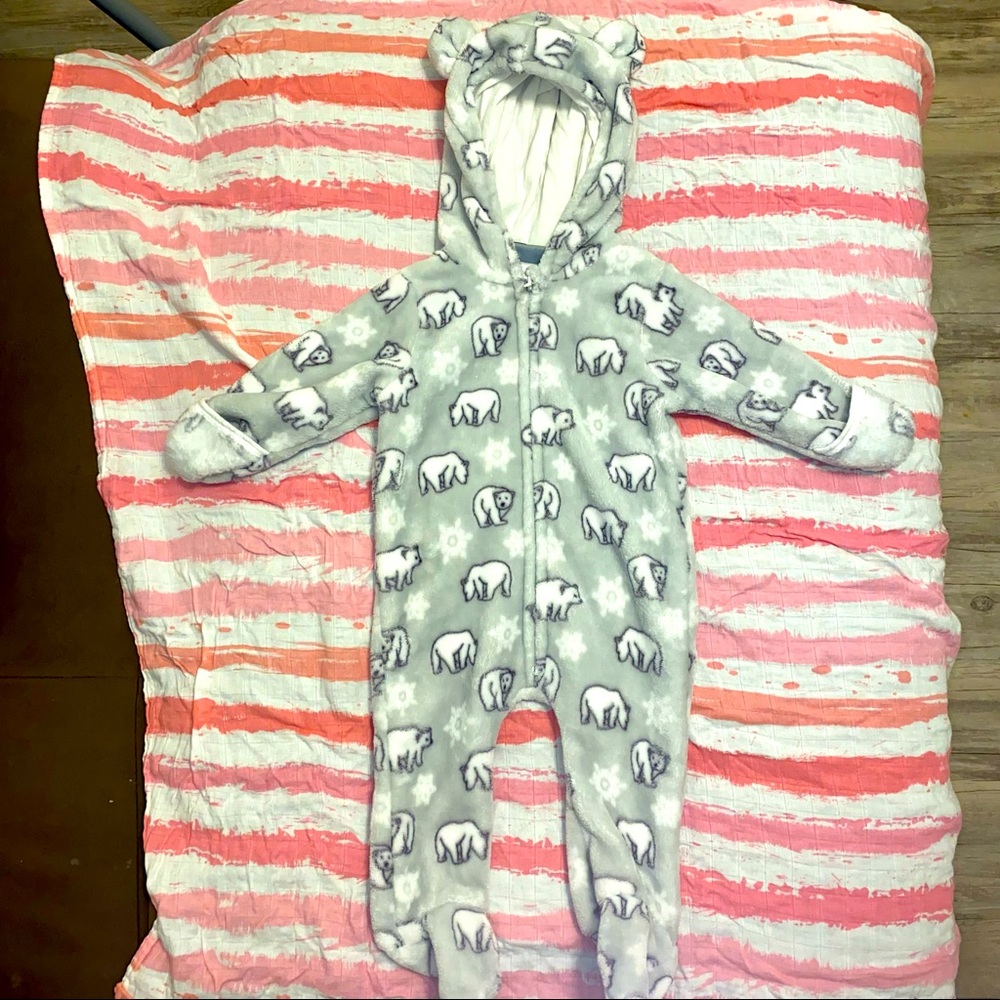 3/$12 9 Month Fleece Full Zip Hooded Polar Bear One Piece Coverall Jumpsuit